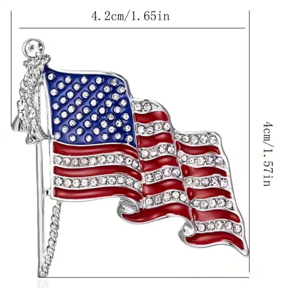 NWT Waving American Flag Brooch Rhinestone & Enamel Lapel Scarf Hat Pin